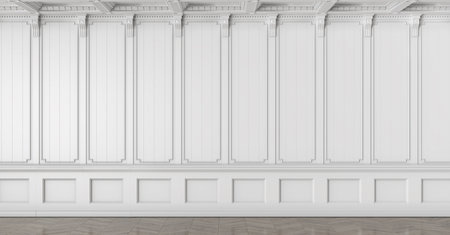3D render of a classic interior wall decorated in white color with parquet. 3d illustration