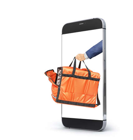 Delivery concept. Hands stretch open delivery bag off smartphone screen isolated on white background. Online ordering.の写真素材