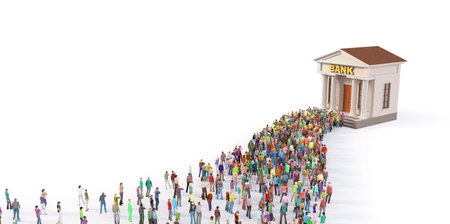 Crowd of people in queue to the bank on a white background. 3d illustration