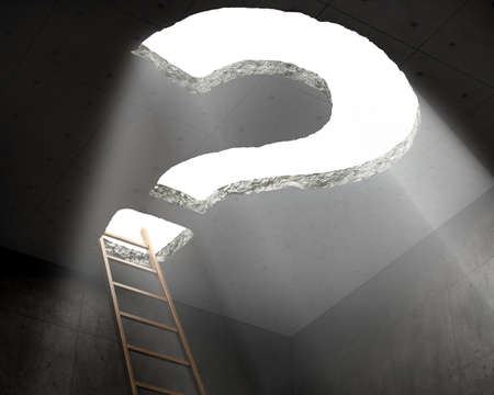 A hole in ceiling in a shape of question mark and the ladder leading to it, 3d illustrationの写真素材