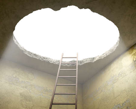 A hole in a ceiling and  the ladder leading to it, 3d illustrationの写真素材