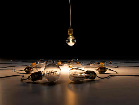 vintage glass light bulb lampson ther concret floor 3d illustrationの写真素材