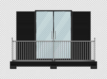 Vector realistic illustration of balcony with steel railings and glass door isolated on transparent background.のイラスト素材