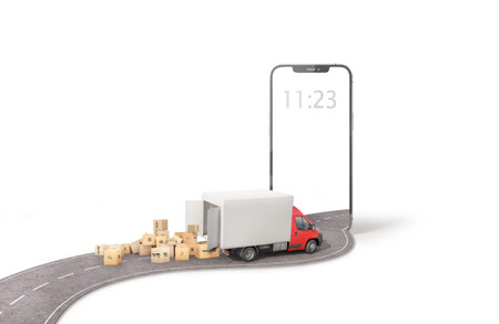 Delivery concept. Truck scattering cardboard boxes drives into the smartphone screen. Online...