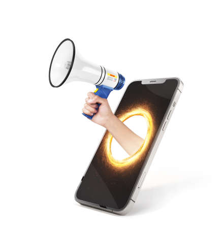A hand with a loudspeaker is pulled out of the smartphone screen. Announcement element. Social online marketing. 3d illustration.の写真素材