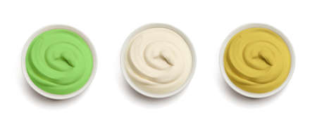 Various sauces in white sauce bowls. Vector illustration.のイラスト素材