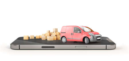 Delivery concept. Delivery van with cardboard boxes on smartphone screen isolated on white background. 3d illustration.の写真素材