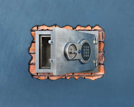 Front view on an opened up steel safe hidden inside a wall, 3d illustrationの写真素材