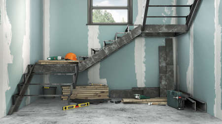 3D render of a disassembled stair in detail with tools in the building room. 3d illustrationの写真素材