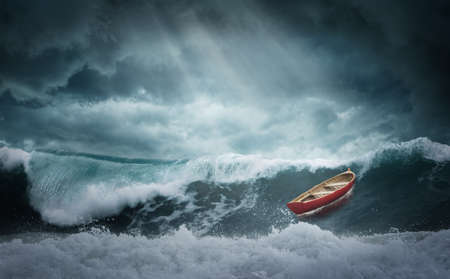 Lonely red boat in the middle of a raging storm. 3d illustration.の写真素材