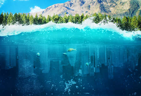 Underwater city in the section of the ocean on the background of the island. 3d illustration.の写真素材