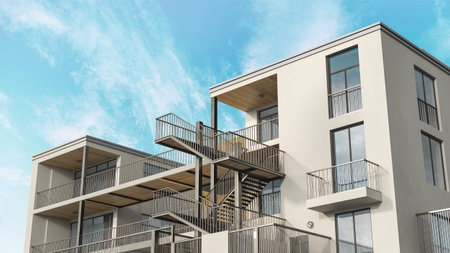 Modern residential building on a sunny day with a blue sky. 3d illustrationの写真素材