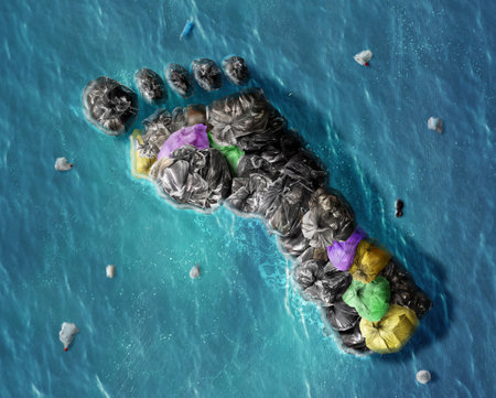 Eco concept. Trash in form of a human footprint on a water. 3d illustration.の写真素材