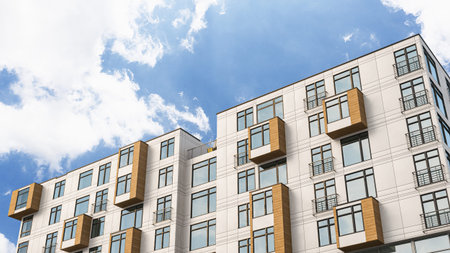 Modern residential building on a sunny day with a blue sky. 3d illustration