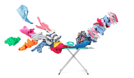 Crumpled clothes fly under the iron and fly out ironed and stacked isolated on white background. 3d...