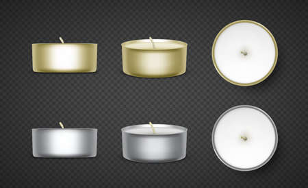 Set of realistic tea candles isolated on transparent background. Vector illustrationのイラスト素材