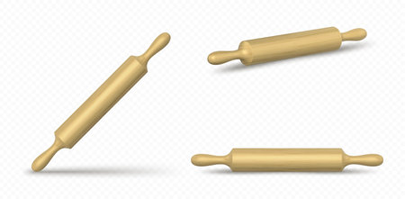 Vector realistic wooden rolling pin set isolated on transparent background.のイラスト素材