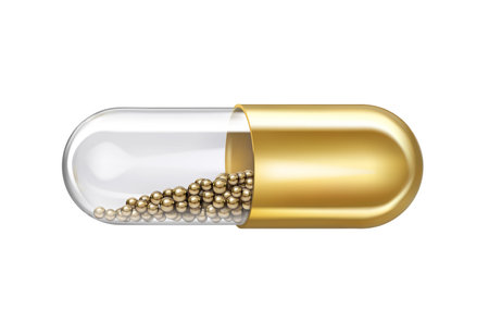 Gold capsule with transparent half and gold balls inside. Vector illustrationのイラスト素材