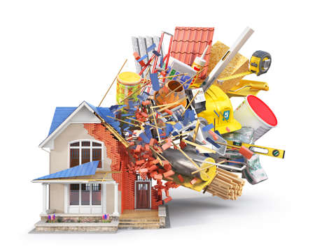 Construction concept. House with building materials on a white background. 3d illustrationの写真素材