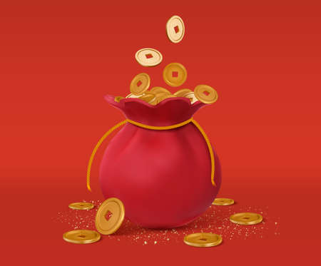 Bag with ribbon or sack with tassels, pouch with golden ingot, packet with money or hangbao, sac with chinese hieroglyph that means Good Luck or Fortuneのイラスト素材