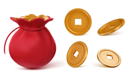 Shiny glowing realistic vector golden money coin china isolated on white backgroundのイラスト素材