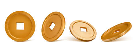 Shiny glowing realistic vector golden money coin china isolated on white backgroundのイラスト素材