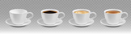 Realistic coffee cup set with different color hot drink. Black coffee, cappuccino, espresso, macchiato, mocha side view.のイラスト素材