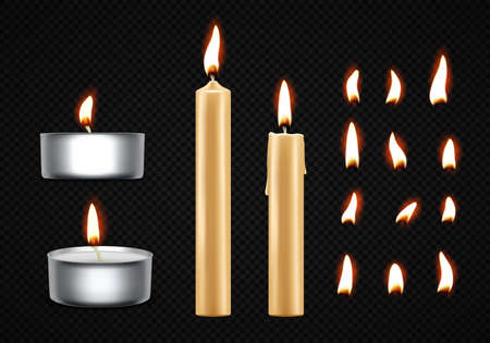 Realistic burning candle and flame set on transparent background. Vector illustration of wax candleのイラスト素材