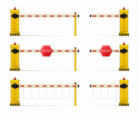 Vector realistic car barrier. Barricade, road block for parking entrance. Closed parking car barrier gate set with stop sign isolated on transparent background.のイラスト素材