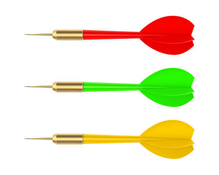 Red green and yellow darts isolated on white background. Vector set of realistic dart arrows.の写真素材
