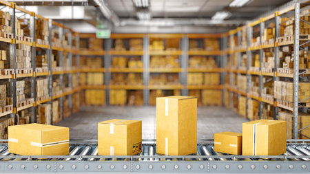 Conveyor belt in the forefront, boxes on it, warehouse with shelves on a blurred background, 3d...
