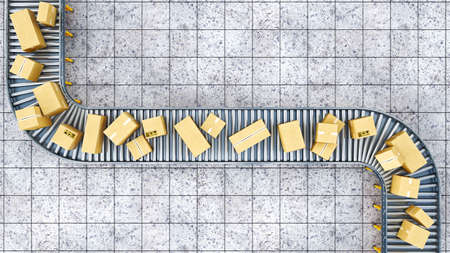 Top view on boxes that move across the curving conveyor belt, 3d illustrationの写真素材