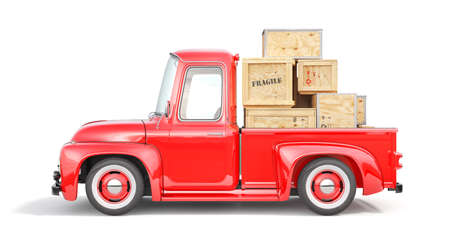 Old red truck for delivery isolated on a white background. 3d illustrationの写真素材