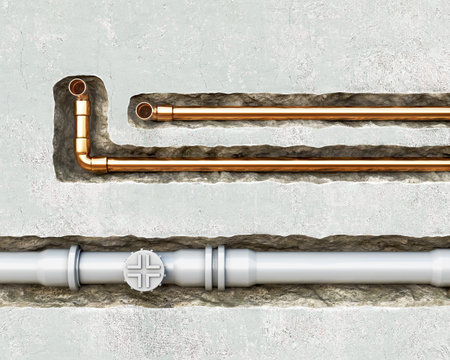 Front view on a mounting process of new plumbing pvc and copper pipes installing inside the wall, 3d...