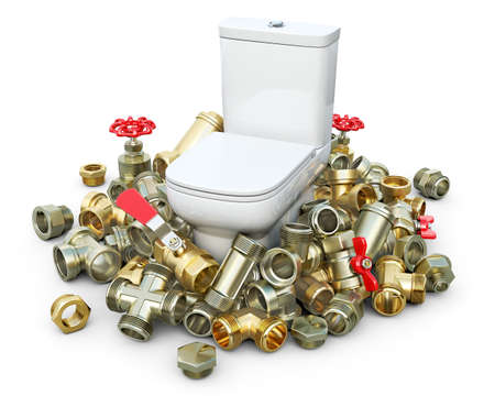 A lot of plumbing pipes, fittings and valves are piled up around the toilet bowl in stack, plumbing concept, isolated on white background, 3d illustrationの写真素材