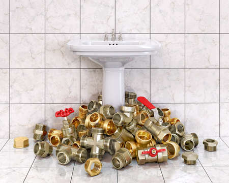 Front view on a stack of different fittings and valves piled up around the washbasin standing in bathroom interior, 3d illustrationの写真素材