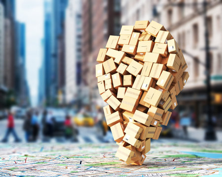 Delivery concept. Pile of cardboard boxes in form of map pin. 3d illustrationの写真素材