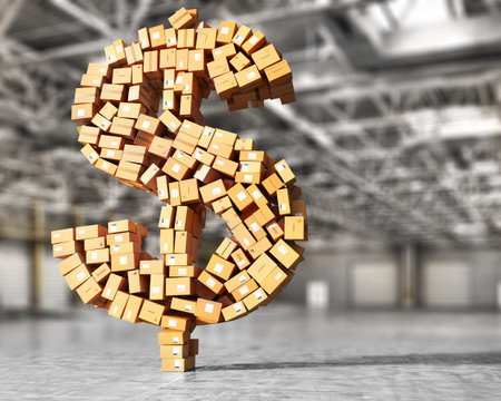 Delivery concept. Cardboard boxes in form of dollar sign. 3d illustrationの写真素材