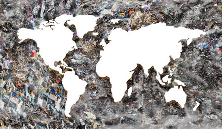 Eco concept. Garbage in the form of oceans around the map of the continentsの写真素材