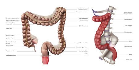 Anatomy and structure of the human large intestine on a white background. Vector 3D illustrationのイラスト素材