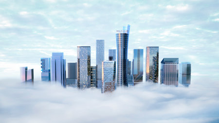 Street with skyscrapers in the fog. 3d illustrationの写真素材