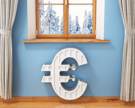 Heating concept. Battery in shape of money sign in the room. 3d illustrationの写真素材