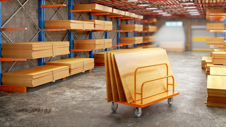 Orange trolley for long loads is loaded with plywood sheets among the warehouse space with a lot of shelves with plywood piles, 3d illustrationの写真素材