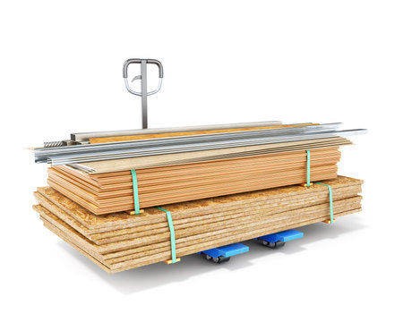 Piles of plywood, osb and gypsum boards, that are tied up with a ribbon, metal and wooden profiles are stacked together on a loader, isolated on white background, 3d illustrationの写真素材
