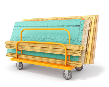 Various drywall sheets, plywood plates, wooden planks and osb sheets are composed on an orange trolley for long loads, isolated on white background, 3d illusrationの写真素材