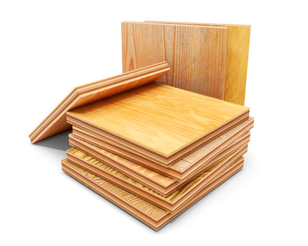 Small square pieces of different plywood samples are laid down on each other in a pile, isolated on white background, 3d illustrationの写真素材