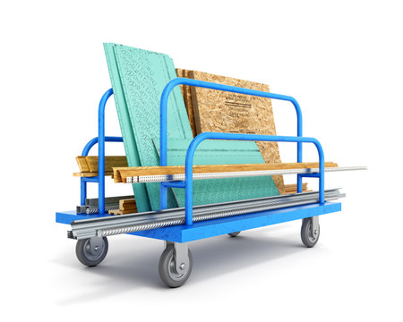 Blue trolley for long loads is loaded with different building materials, including gypsum boards, osb plates, metal and wooden profiles and planks, isolated on white background, 3d illustrationの写真素材