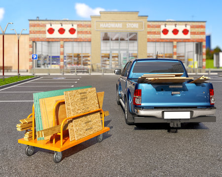 Orange trolley for long loads with plywood, osb, drywall sheets and wooden planks is standing near the car on a parking in front of hardware store, loading the purchased materials in pickup truck, 3d illustrationの写真素材