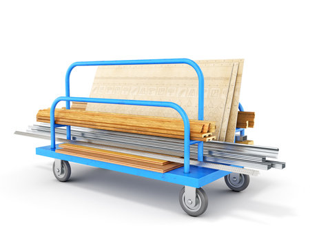 Gypsum boards, metal profiles, wooden planks and profiles are stacked and loaded on a blue trolley for long loads, isolated on white background, 3d illustrationの写真素材