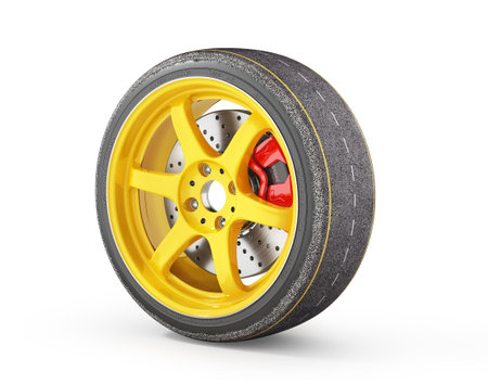 Tires concept. Car wheel with road texture on a white background. 3d illustrationの写真素材